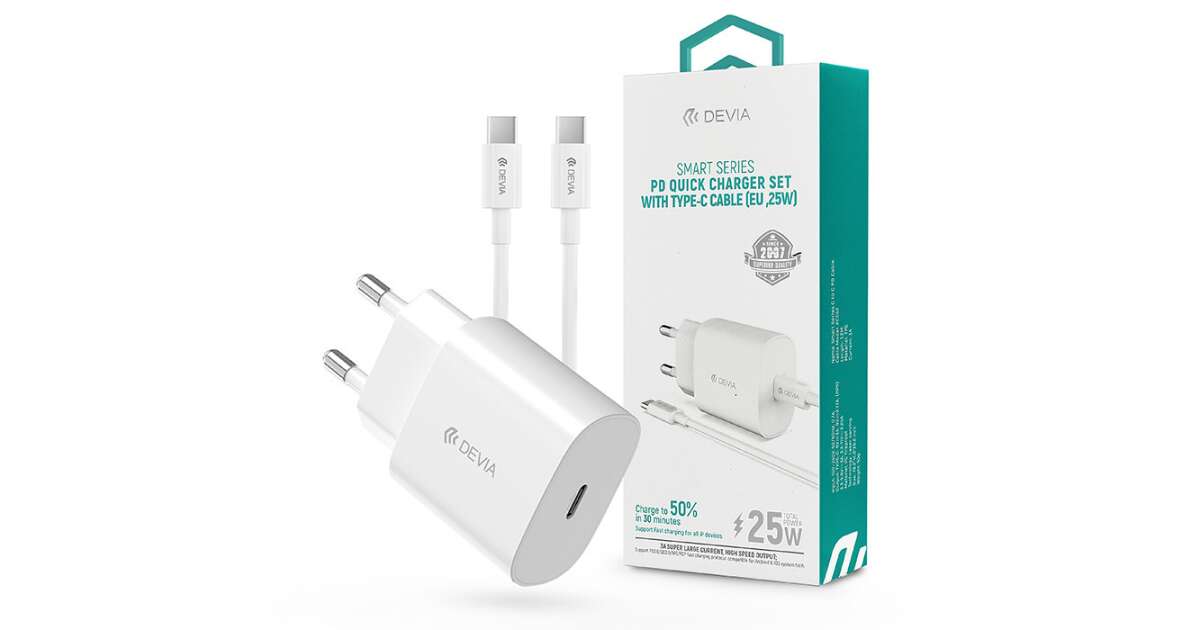 Devia Network Charger Adapter with Type-C Input + Type-C - Type-C Data Cable - 25W - Devia Smart Series PD Quick Charger Set - White 85238873