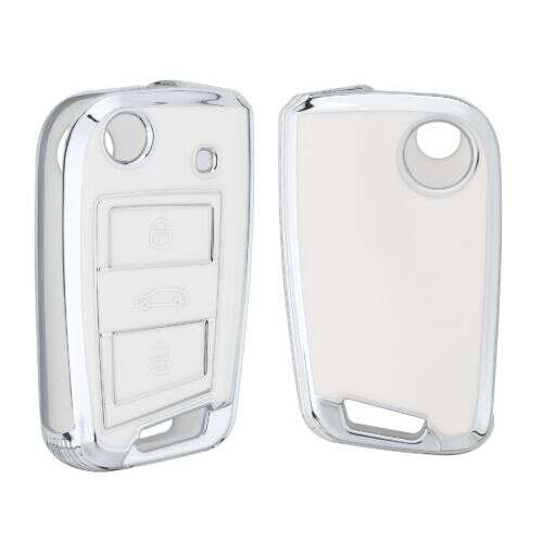 White and silver silicone key cover for VW Golf 7, Polo, Jetta 4, Touran, T-Roc, Tiguan, Seat Leon 3, Ibiza 4/5, Toledo 4, Arona, Ateca, Skoda Rapid Spaceback, Fabia 3, Karoq, Octavia 3, Superb 3, Kwmobile