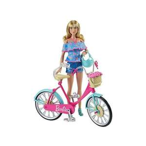 Păpușa Barbie se plimbă cu o jucărie bicicletă roz și albastră cu coș - Mattel
