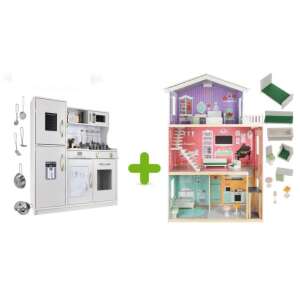 Bucătărie pentru copii și casă de păpuși combo: Bucătărie de joacă din lemn cu accesorii și lumini LED lângă o casă de păpuși mare cu lift - Bucatarie pentru copii