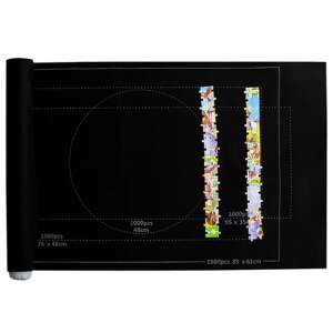 Schwarze Filz-Puzzlesmatte für bis zu 1500 Teile, aufgerollt, mit Größenangaben für verschiedene Puzzlegrößen - Puzzle