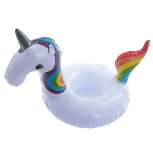 Inflatable unicorn drink holder, perfect for pool parties, beach days, and keeping your drinks cool and refreshing