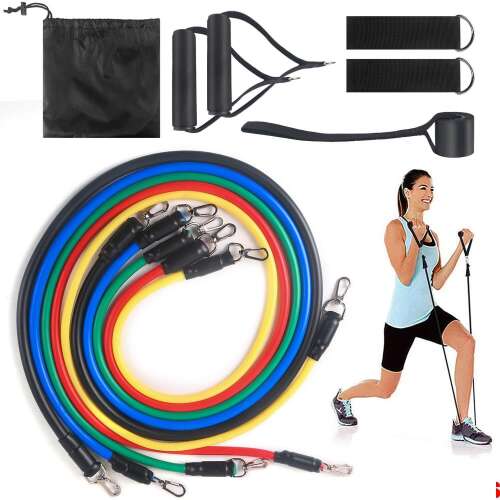 Resistance band set with 5 different resistance levels, door anchor, handles, ankle straps, and carrying bag