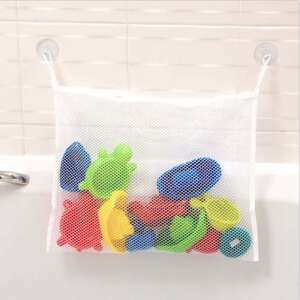 White mesh bath toy storage bag with suction cups, filled with bath toys - Other bathroom accessory