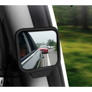 Wide angle blind spot mirror for car, showing the mirror attached to the car window and the view of the road - Rearview mirror accessory