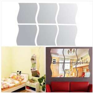 Set of 4 silver wave shaped mirror stickers, for home decor - Mirror