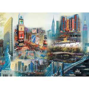 Trefl Wood Craft Origin 1000 darabos fa kirakós, New York kollázs, ikonikus nevezetességekkel, mint a Szabadság-szobor, a Times Square és a Brooklyn híd - Trefl Puzzle