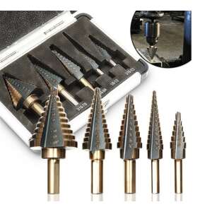 5 piece step drill bit set, titanium coated, for drilling wood, metal, and plastic - Drill and Screwdriver Accessory
