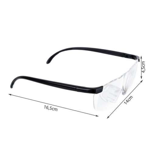 Nagyító szemüveg fekete kerettel, 160%-os nagyítással, apró betűk olvasásához, kézműveskedéshez és hobbihoz