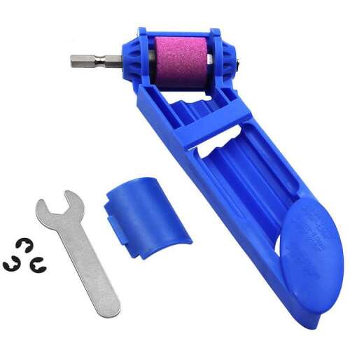 Drill bit sharpener, blue drill bit sharpener, drill bit sharpening tool, drill bit sharpener for 2-12.5mm drill bits, drill bit sharpener with wrench, drill bit sharpener with hex shank