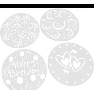 Cake decorating stencils, 4 pack, with floral, swirl, heart, and happy birthday designs - Pastry decorating tool