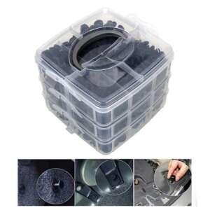 Car fastener kit with 620 pieces in a clear plastic storage box with a handle, showing close-up images of the fasteners in use - Car Care Tool