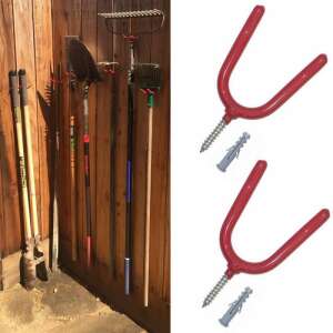 2 pack wall mounted garden tool hooks, steel, red rubber coated, for shovels, rakes, brooms, garden tools, storage, organization - Tool & Part Organizer