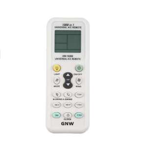 White universal air conditioner remote control with a digital display, buttons for light, mode, wind, temperature, on/off, clock, and lock - Large appliance part & accessory