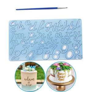 Cake decorating stencil with alphabet and numbers, blue plastic, for writing on cakes, includes brush - Pastry decorating tool