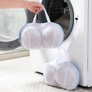 White mesh bra laundry bag with blue trim, for protecting delicate bras during washing - Washing Machine Accessory