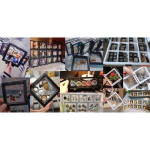 Collage of various items displayed in the Emlékmegörző display case, including jewelry, figurines, and other small objects - Picture Frame