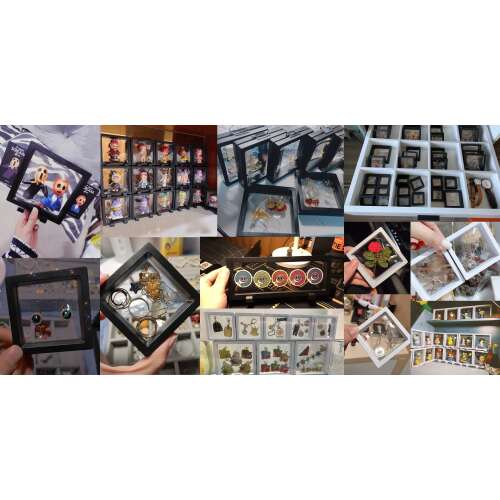 Collage of various items displayed in the Emlékmegörző display case, including jewelry, figurines, and other small objects