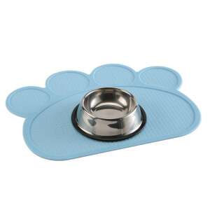 Blue silicone paw-shaped pet food mat with a stainless steel bowl on top - Pet Care
