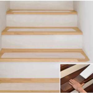 Kollazs, amely bemutatja az átlátszó csúszásgátló szalagot lépcsőkre ragasztva, a szalag közeli képe és egy kéz, amely megérinti azt - Jelölés & Figyelmeztetés