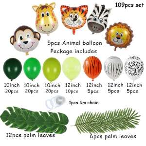 Jungle party balloon set, 109 pieces, includes animal balloons, green and gold balloons, palm leaves, and ribbon - Balloon