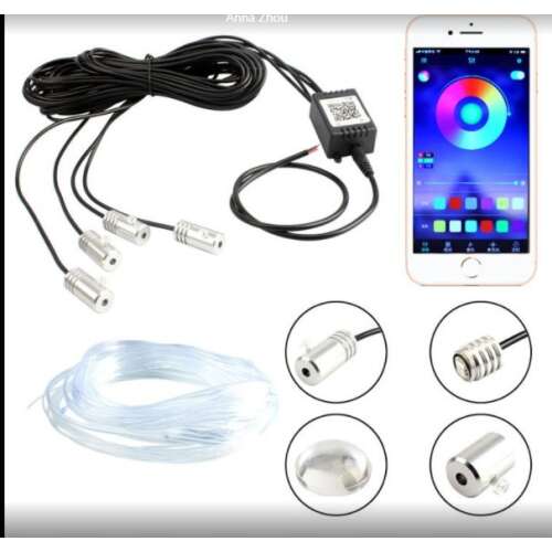 Car interior LED lighting kit with app control, 5m long, includes fiber optic cable, control box, and light heads