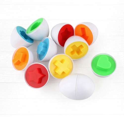 12 piece egg shape sorting toy set for toddlers and preschoolers, featuring colorful shapes and matching halves