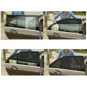 Collage of 4 images showing how to install the black mesh car window sunshade - Babies & Toddler