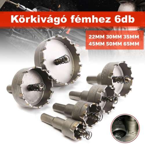 6 darabos lyukfűrész készlet fémhez, 22mm, 30mm, 35mm, 45mm, 50mm, 65mm