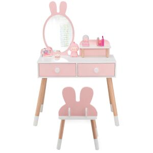 Timeless Tools Bunny Vanity Table for Kids with Mirror and Chair, front view - Vanity Table, Makeup Set, Fragrance