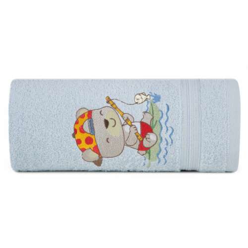 Baby51 kék törölköző, aranyos horgászó medve mintával, 50x90 cm