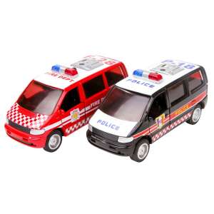 Red and black toy police and fire department vans, 12 cm, with lights and sounds - Nonbrand Kids's play car
