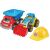 Plastic toy construction set with dump truck, tractor, and hard hat