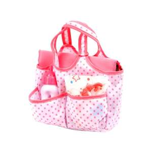 Baby Rose diaper bag with accessories for dolls, pink with white polka dots, includes changing mat, wipes, bottle, and diapers - Doll accessory