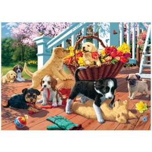 Dino Secret Puzzle 1000 piese, Puii de câine care se joacă pe verandă - Puzzle