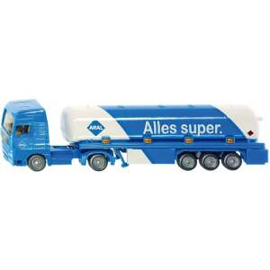 SIKU 1:87 scale model of a blue tanker truck with ARAL logo and "Alles super." text, toy for kids - Siku