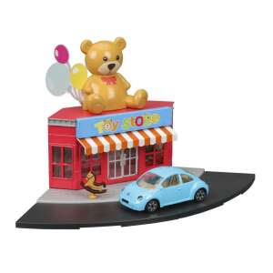 Set de joacă Bburago City Magazin de jucării cu ursuleț de pluș pe acoperiș și mașină VW New Beetle - Tren, element feroviar, autostradă