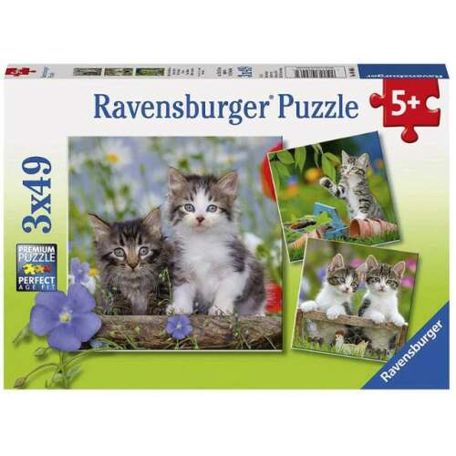 Ravensburger 3x49 piece puzzle for kids, featuring cute kittens in a garden setting