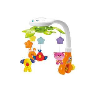 Musical crib mobile with rotating animals, featuring a cat, dog, bird, and bunny, perfect for calming and entertaining babies - Winfun