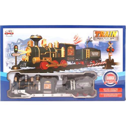 Set de tren cu baterii cu șine, locomotivă și vagon de marfă, stil clasic, pentru copii