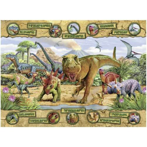 Puzzle Ravensburger z dinozaurami, 100 elementów, przedstawiające różne dinozaury, w tym Tyrannosaurus Rex, Brachiosaurus i Pterosaurs