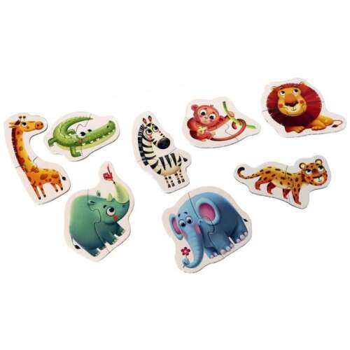 Cubika Afrikai állatok 16 darabos puzzle darabok, színes illusztrációkkal afrikai állatokról, mint például elefánt, zebra, oroszlán, zsiráf, krokodil, leopárd, orrszarvú és majom