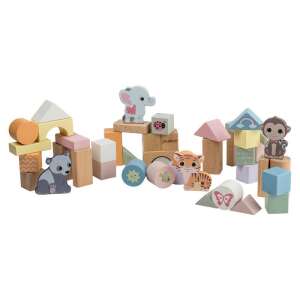 Jouéco Blocuri din lemn cu animale - 50 blocuri din lemn colorate cu figurine de animale, perfecte pentru construcție și joacă imaginativă - Jucării