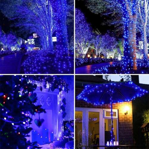 Kék LED-es fényfüzér kollázs, amely fát, esernyőt és sétányt díszít