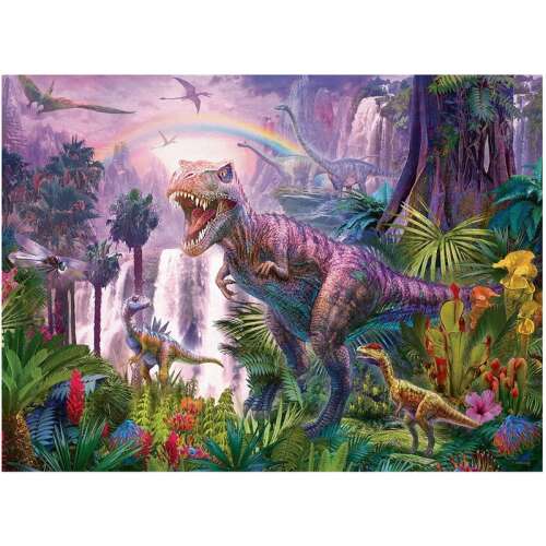 Ravensburger 200 piece dinosaur puzzle, featuring a T-Rex and other dinosaurs in a lush jungle setting
