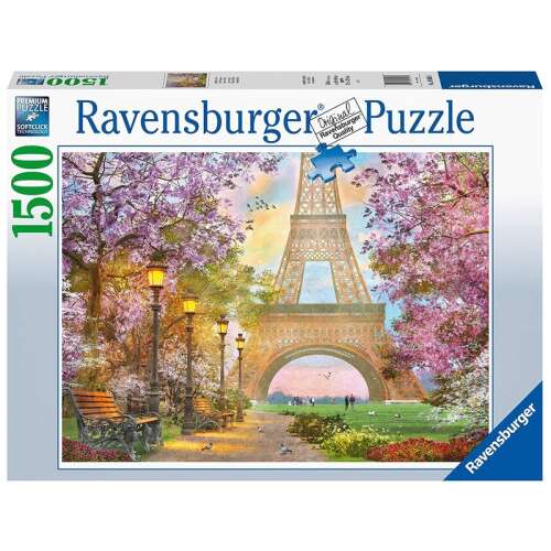 Puzzle Ravensburger 1500 elementów, Spacer po Paryżu, Wieża Eiffla, park, ławki, latarnie, kwiaty