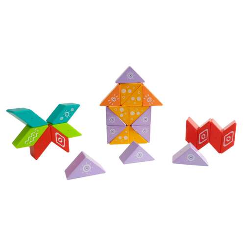 26 piece magnetic construction toy set, featuring colorful triangles and prisms