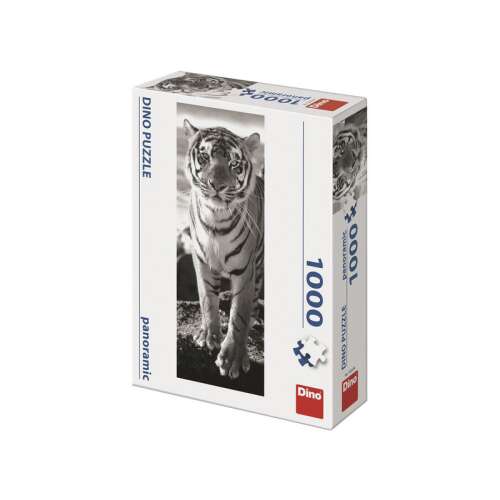 Dino Puzzle 1000 piece panoramic jigsaw puzzle, featuring a black and white image of a tiger