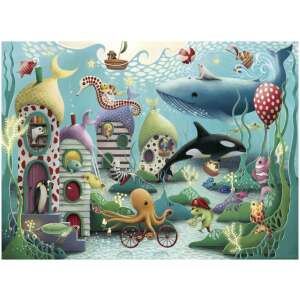 Ravensburger Underwater Wonders 100 piece puzzle, featuring a whimsical underwater world with houses, animals, and a bicycle riding octopus - Ravensburger