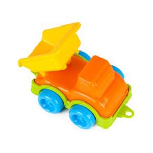 Orange plastic toy dump truck with yellow bed, blue wheels and green chassis - Work machine for children